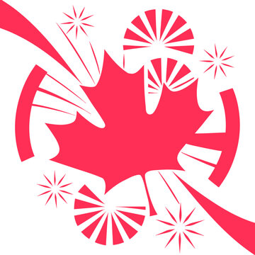 Red maple leaf with fireworks on isolated canada day