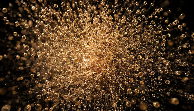Golden liquid droplets exploding in midair against a dark background, creating a dynamic splash of shimmering amber spheres and tiny particles