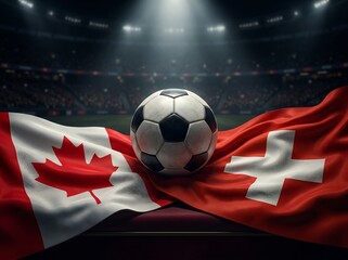 Naklejka premium Canadian and swiss flags with a soccer ball in a stadium