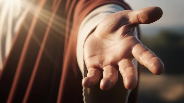 The hand of Jesus Christ being extended with holy Christian sunlight to offer hope and help with him wearing his red sash and white robe on a bright sunny day