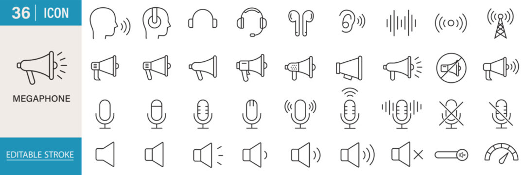 Voice web icons in line style. Speech recognition, sound wave, voice command, audio message, microphone, digital assistant, speech control set. Editable stroke.