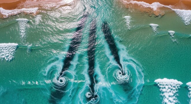 Aerial View of Powerful Ocean Tidal Rip Currents Creating Swirls and Vortices