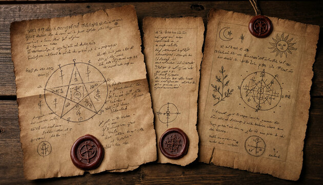 Three antique parchment scrolls with handwritten occult symbols, pentagrams, and wax seals, arranged on a dark wooden table in a mystical setting