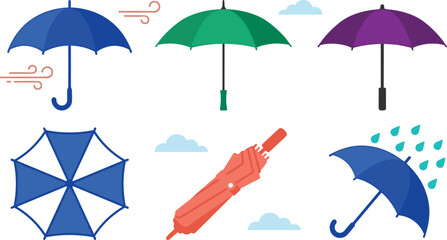 Umbrella Collection Featuring Open Folded and Rain Protection Designs with Weather Related Accessories Vector Set © Prodip