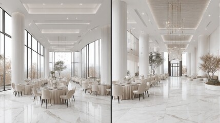 Naklejka premium Elegant Ballroom & Event Space with Modern Decor and Natural Light