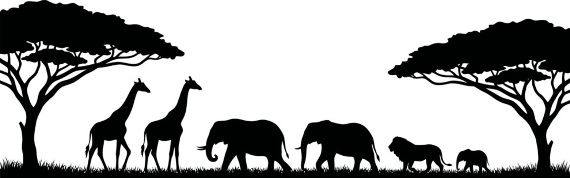 Silhouette of giraffes elephants and lion walking under trees in savannah landscape scene