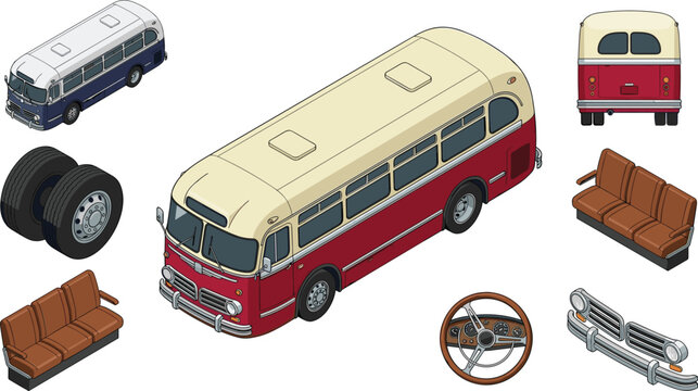 Vintage Retro Bus Collection Featuring Classic Passenger Vehicle Components and Public Transportation Elements Vector Set