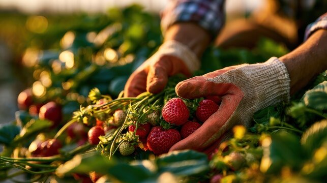 A pair of hands carefully holding freshly picked ripe red strawberries among lush green plants during a sunny day harvest