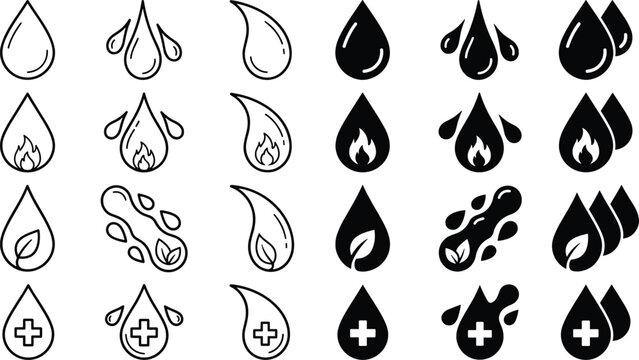 Water droplet and liquid protection icon collection with eco health fire and medical vector symbols
