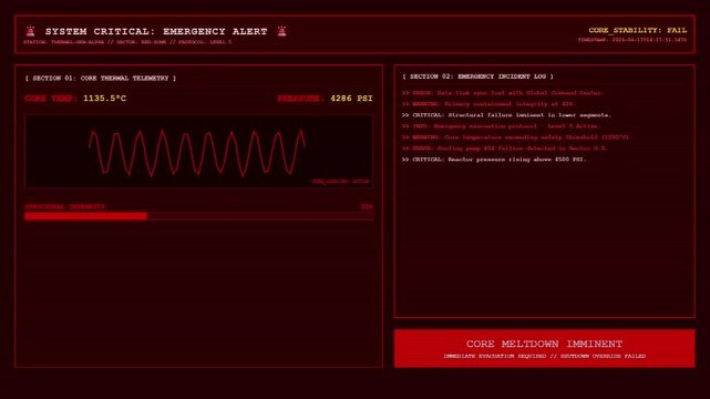 Nuclear Reactor Core Meltdown Alert Dashboard With Emergency Thermal Telemetry Animation.