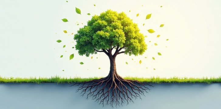Visual concept of a tree with roots spreading outwards and arrows connecting leaves , connection, growth, communication
