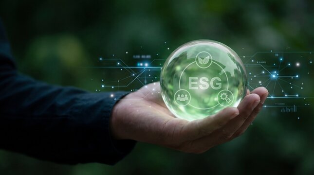 Hand holding a glowing ESG crystal ball in a natural green environment.