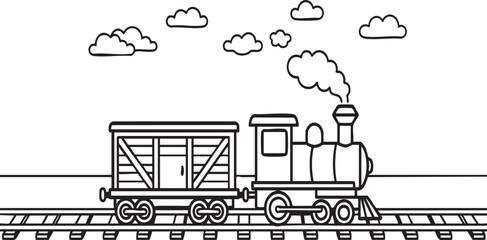 Cute steam train coloring page, cartoon locomotive pulling cargo wagon on tracks, vector outline illustration for kids activity scene, © RABBI
