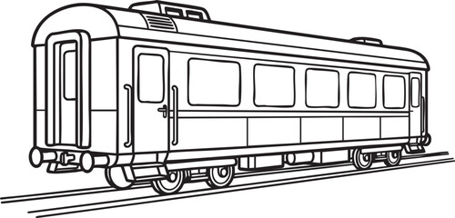 Train passenger car coloring page, modern railway carriage on tracks, vector outline illustration for kids, detailed locomotive transport drawing, © RABBI