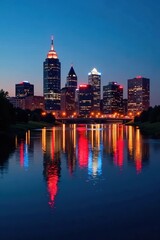 Obraz premium Water reflects city lights in Syracuse skyline at twilight, water, night, sunset