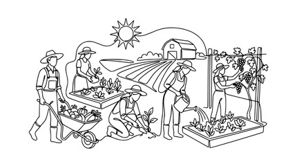 Obraz premium Diverse Farmers Cultivating Organic Garden and Fields Under Sunny Sky