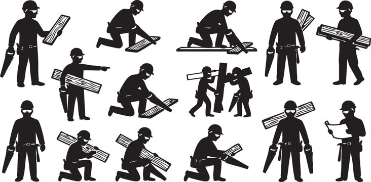 Carpenter builder silhouette icon set, professional construction woodworker figures sawing planks and carrying timber board vector bundle,