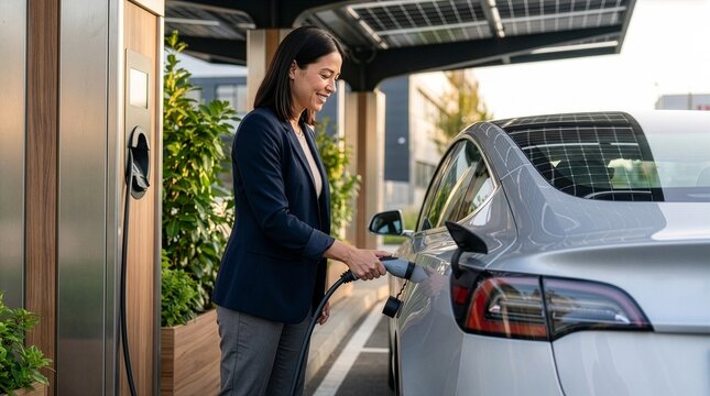 Woman charging electric car at sustainable solar power station with electric charging sustainable renewable technology transportation mobility