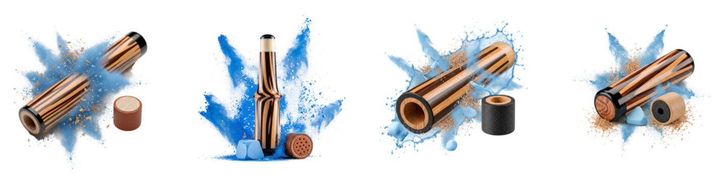 Set of wooden billiard cues with blue powder explosions on black background