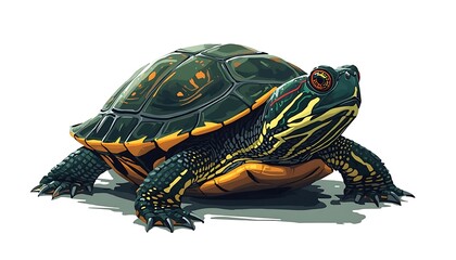 Obraz premium red-eared slider turtle with dark green shell and yellowish markings, lighter underside, skin patterned with green and yellow stripes