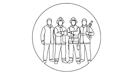 Obraz premium Line Art Illustration of Four Firefighters Standing Together in a Circle