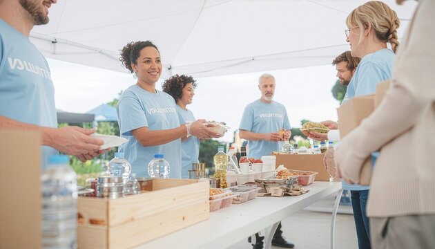 Diverse volunteers serving meals at community food bank event with volunteer community donation nonprofit outreach distribution kindness