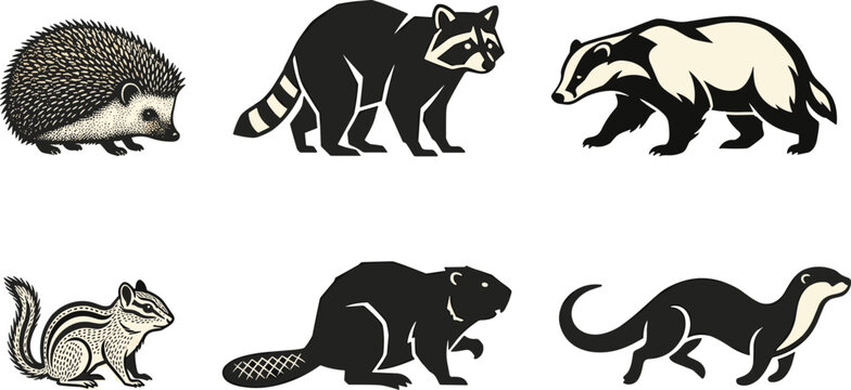 Stylized animal illustrations featuring hedgehog, raccoon, badger, chipmunk, beaver, and otter
