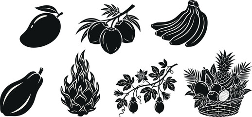 Fototapeta premium Tropical fruit silhouette illustrations with mango, bananas, coconuts, papaya, and basket design