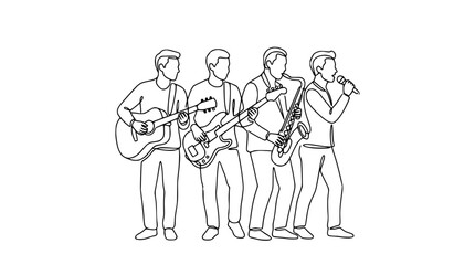 Obraz premium Band Performing Live Music: Guitarists, Saxophonist, Singer - Continuous Line Art