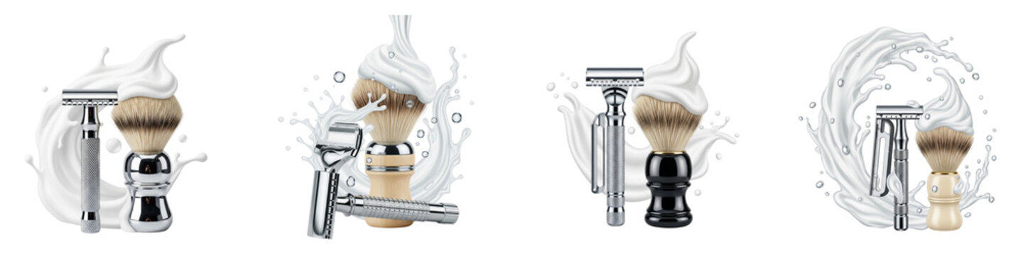 Shaving tools with foam splashes on black background for men grooming