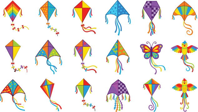 Colorful kite collection with rainbow festival flying toys butterfly bird designs and playful vector illustrations