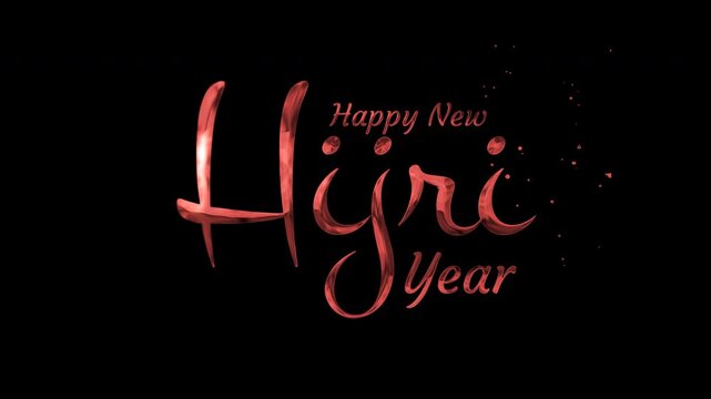 Shiny metallic red happy new hijri year typography on a dark black background with glint perfect for islamic holiday designs.
