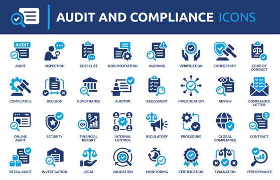 Audit and Compliance icon set, containing auditor, assessment, checklist, inspection, review and more. Vector icons collection.