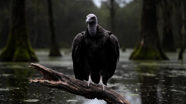 Cinematic Shot of a Black Vulture Perched on a Log in Dark Moody Swamp Wetlands