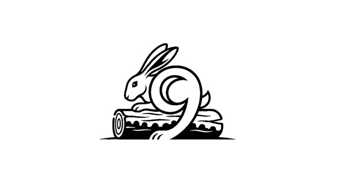 Black and white rabbit illustration with swirling tail design.