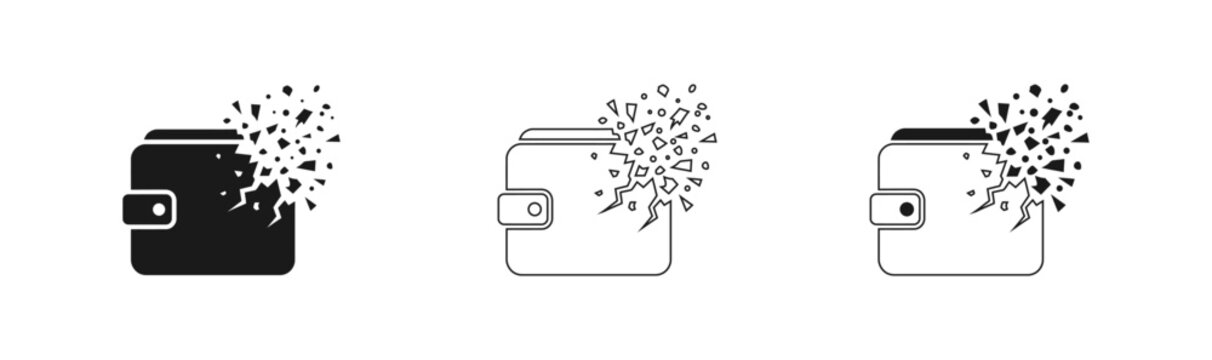 Empty wallet icon set black silhouette line art and solid fill variations depicting financial loss and expenditure