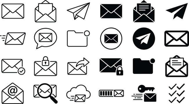Email communication and messaging icon collection with envelope mail delivery notification and correspondence vector symbols