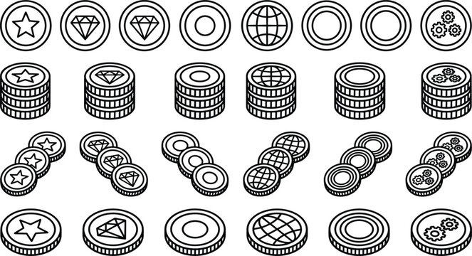 Gaming coin and reward token icon collection with achievement currency badges and digital asset vector set