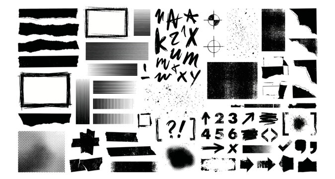 Abstract Shapes and Symbols with Letters and Numbers in a Grunge Style Featuring Texture, Design, Typography with Artistic and Creative Elements