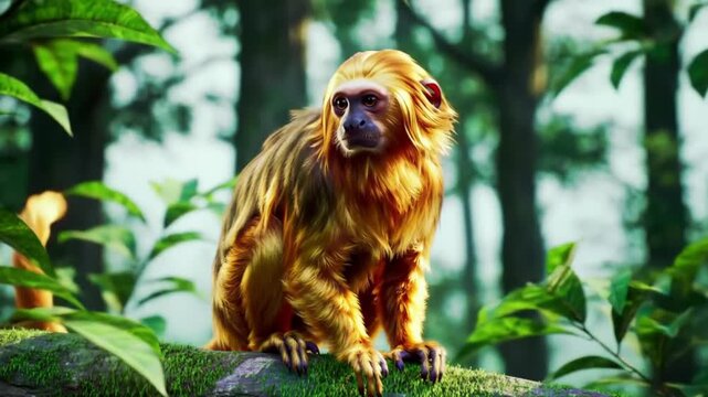 a striking golden lion tamarin monkey perched on a mossy tree branch amidst lush green foliage. The monkey's golden fur contrasts beautifully with the vibrant jungle backdrop.