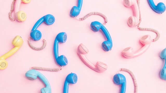 Colorful vintage phone handsets on pink