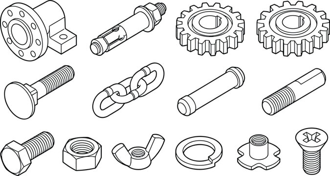 Industrial Mechanical Components Collection Featuring Gears Bolts Nuts Chains and Engineering Hardware Vector Set