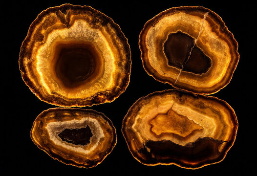 Four backlit agate stone slices with concentric rings and warm amber, gold, and brown tones, displayed against a solid black background