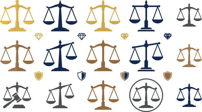 Justice Scale Icon Collection Featuring Legal Balance Symbols Court Law Emblems and Judicial Authority Vector Set