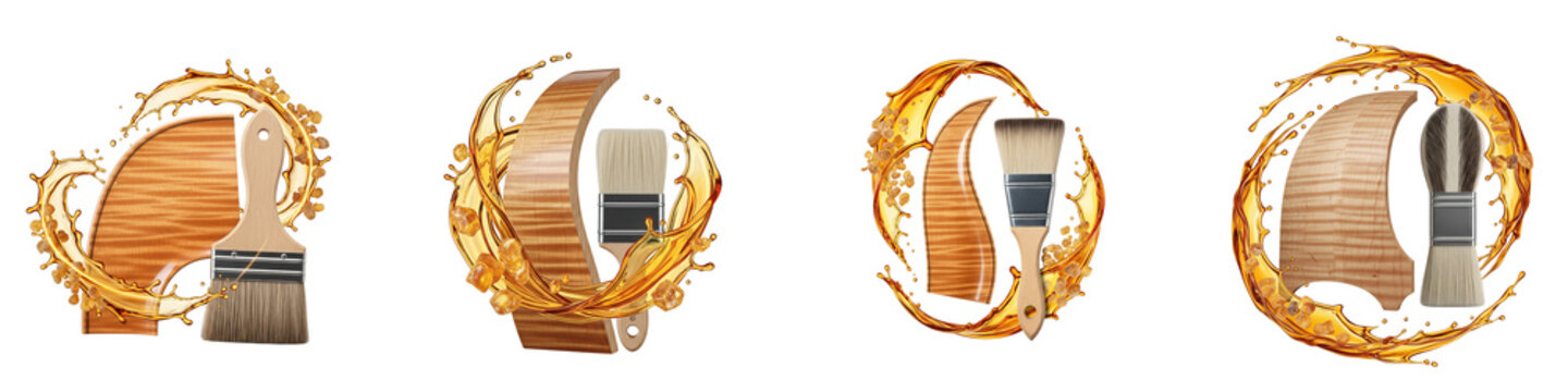 Wooden texture samples and paint brushes with golden varnish splash