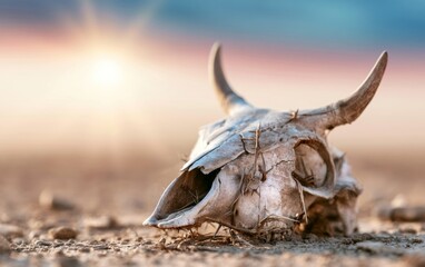 Fototapeta premium Weathered Animal Skull Resting on Dry Ground with Sunlight in Distant Background at Golden Hour