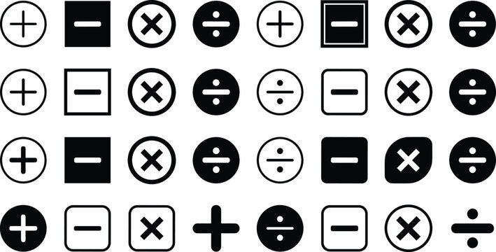 Mathematical operation icon collection with addition subtraction multiplication and division symbols vector set