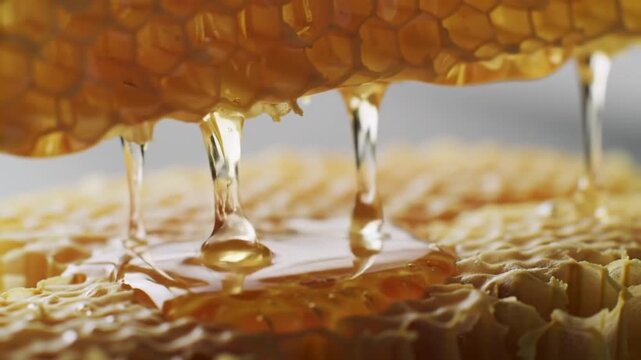 golden liquid honey dripping from a honeycomb structure. Close-up shot highlighting the texture and viscosity of the honey