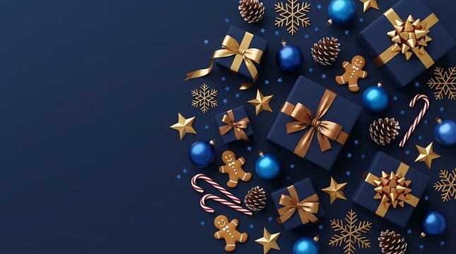 Collection of christmas gifts, gingerbread cookies, snowflakes, stars, blue baubles and candy canes on dark blue background, top view with copy space.