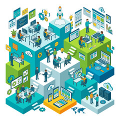 Fototapeta premium Isometric illustration of people working in a tech office